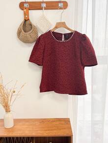 Dazy Plus Plus Size Women Floral Print Puff Sleeve Elegant Spring/Autumn T-Shirt, Suitable For Banquet - Burgundy - View 3