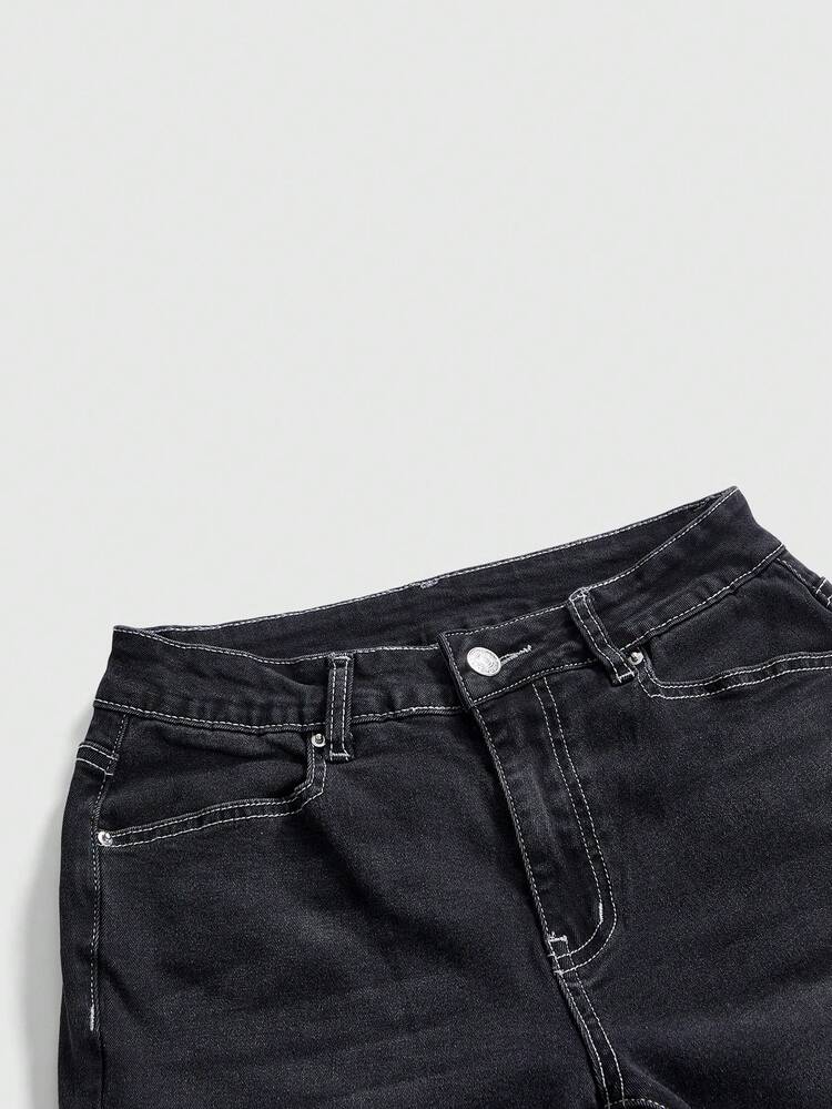ROMWE Grunge Punk Quần jeans ống loe cạp trễ cổ điển Y2K dành cho nữ - màu đen - Xem 3