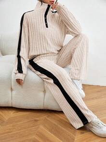 Chiquease Bộ 2 món áo nỉ và quần dài tay trễ vai màu tương phản dành cho nữ - Màu be - Xem 6