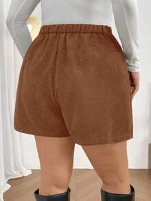 Firerie Plus Size Women Casual Elegant Simple Ribbed Stripe Shorts With Slit, Versatile For Daily Wear, Autumn/Winter - Rust Brown - View 2