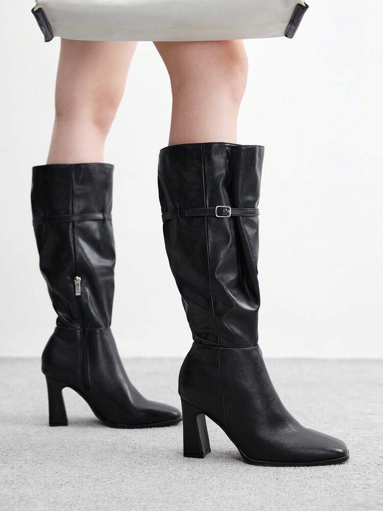 CUCCOO BIZCHIC Women's New Fashion Commuter Casual Lace-Up Buckle Thick Heel British Rider Motorcycle Mid-Calf Boots For Christmas