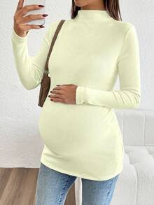 SHEIN Maternity Long Sleeve Solid Color Stand Collar Ribbed Fitted Casual T-Shirt, Autumn - Apricot - View 5