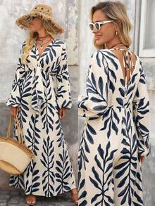 Brillora Women's Vacation Plant Print Lantern Sleeve Loose Jumpsuit,BOHO,BOHO Style,Spring/Autumn,Western Clothes For Women, Boho Chic, Country Concert Outfit, Country Concert Outfit, Holiday Festival Outfits, Beach Outfits For Woman, Tie Front Top,Bohemian Style For Vacation, Vacation, Bohemian Outfit For Women Party,Beach Outfit For Women,,Vacation, - Blue - View 9