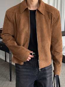 DAZY Men's Thick Short Brown Suede Fabric Jacket And Coat, Autumn/Winter - Brown - View 1