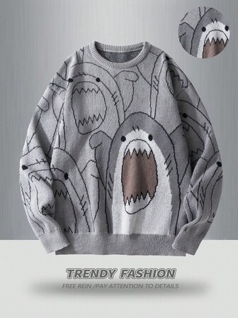 Manfinity Hypemode 男士卡通鲨鱼图案圆领长袖休闲毛衣，秋冬款