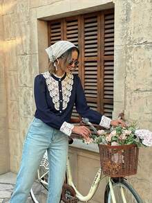 Pariaura Áo cánh nữ thanh lịch cổ đứng tay bồng phối ren tương phản, cài nút đơn - Xanh đậm - Xem 4