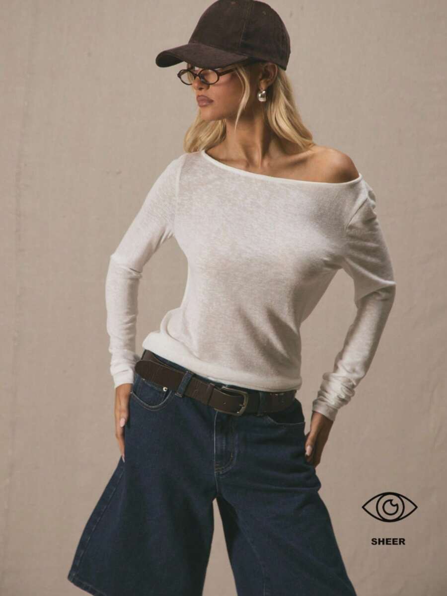 MUSERA Slouchy Asymmetric Longline Long Sleeve Jersey Top Fall Autumn Summer Cute Vacation 90's Y2k Work Everyday Casual Cute Festival Fall Back To School Autumn Al Fresco   Fall Spring - White - View 1