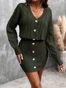 SHEIN Clasi Women's Fashion Drop Shoulder Long Sleeve Button Design Knitted Dress, Autumn/Winter - Army Green - View 5