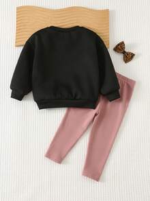 Cozy Pixies 2pcs Baby Girl Leopard Print Bow Knit Soft Crew Neck Long Sleeve Sweatshirt And Elastic Waist Pants Set, Thermal Lined Warm Sweatsuit, Leopard Print Sweatshirt Toddler Cute Outfit Cheetah Outfit Baby Baby Leopard Outfit Tt Graphic Toddler Cute Outfit Baby Casual Outfit Tt Graphic Toddler Outfit - Black - View 2