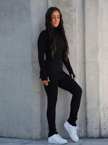 SAYEHFBABY 2pcs Simple Style Women Stand Collar Long Sleeve Top And Pants Set - Black - View 4