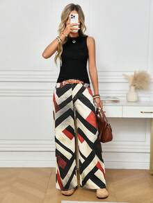 EMERY ROSE Women's Geometric Print Pocket Wide Leg Loose Casual Denim Pants Pattern Pants Women Wide Leg Pants Palazzo Pants Women Wide Leg Summer Pants Patchwork Pants - Khaki - View 6