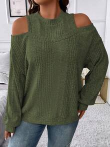 Vionelle Plusstorlek Dam Enfärgad Off-Shoulder Långärmad Ribbad Avslappnad Lös Tröja - Armé Grön - Visa 4