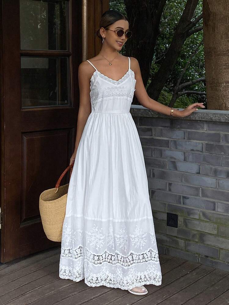 Women's Summer Lace Patchwork Vacation Style Casual Long Dress Sundress Boho
