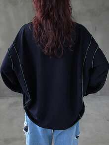 FRIFUL 女士休闲撞色拼接宽松落肩T恤，秋季长袖 - 藏蓝色 - 查看 2