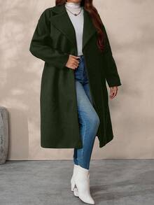 SHEIN Tall CURVE 大码女式纯色翻领长袖休闲羊毛长外套，秋冬款 - 軍綠色 - 查看 6