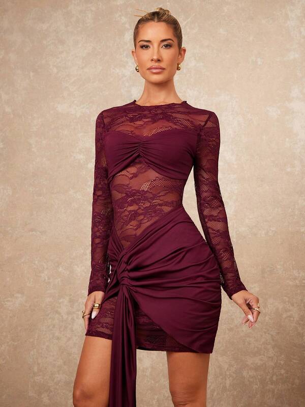 Lumalex Vestido mini elegante, casual y sexy para mujer, de primavera/verano/otoño, de punto elástico con encaje calado, cuello redondo, manga raglán, fruncido y bajo asimétrico, corte de encaje aleatorio