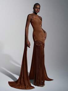 Elitara 优雅、浪漫、性感、简约、灰绿色、天鹅绒面料、流苏装饰、手工串珠、亮片拖尾、时尚、节日、度假、生日派对、婚礼、正式晚宴礼服 - 棕色 - 查看 3