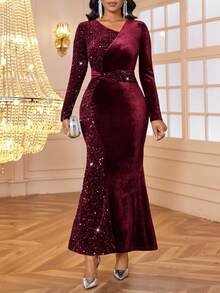 SHEIN Lady Damen Paillettenkleid mit Meerjungfrauensaum, langärmelig, elegant & glamourös - Bordeaux - Übersicht 5