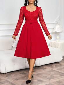 SHEIN Lady 女士撞色蕾丝心形领长袖优雅连衣裙 - 紅色 - 查看 5