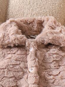 SHEIN Elladie kids Young Girl' Ivory Faux Fur Collar Long Sleeve Jacket, Fashionable, Warm, Versatile, Comfortable Winter Children's Short Coat - Grey - View 5