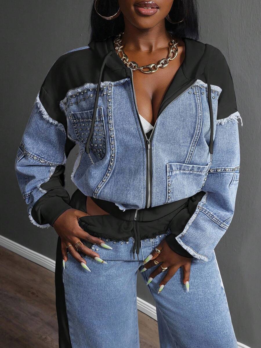 Slaydiva Plus Size Autumn Fashion Color Block Hooded Denim Jacket With Rhinestone Decor Women Jean Jackets - Blue - View 1