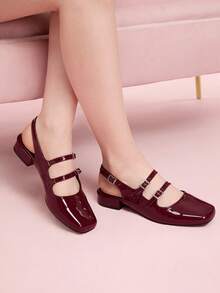 CUCCOO DOLLMOD Women Square Toe Vintage Ballet Style Sweet Burgundy Mary Jane High Heels, Casual Spring Outfit Shoes Spring Shoes Spring Break Easter For Christmas - Burgundy - View 2