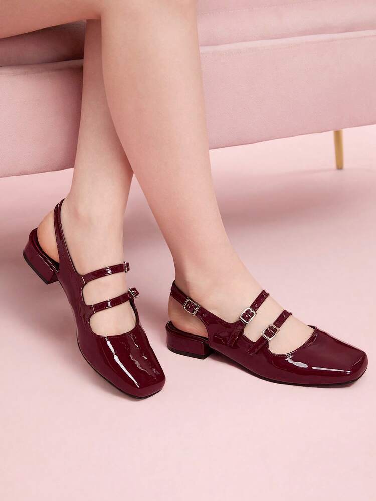 CUCCOO DOLLMOD Women Square Toe Vintage Ballet Style Sweet Burgundy Mary Jane High Heels, Casual Spring Outfit Shoes Spring Shoes Spring Break Easter For Christmas Spring Shoes