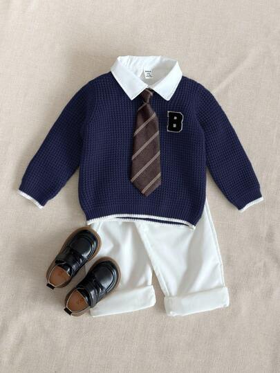 PrepCrw Baby Boy Collegiate Style Letter Embroidered Pullover Sweater