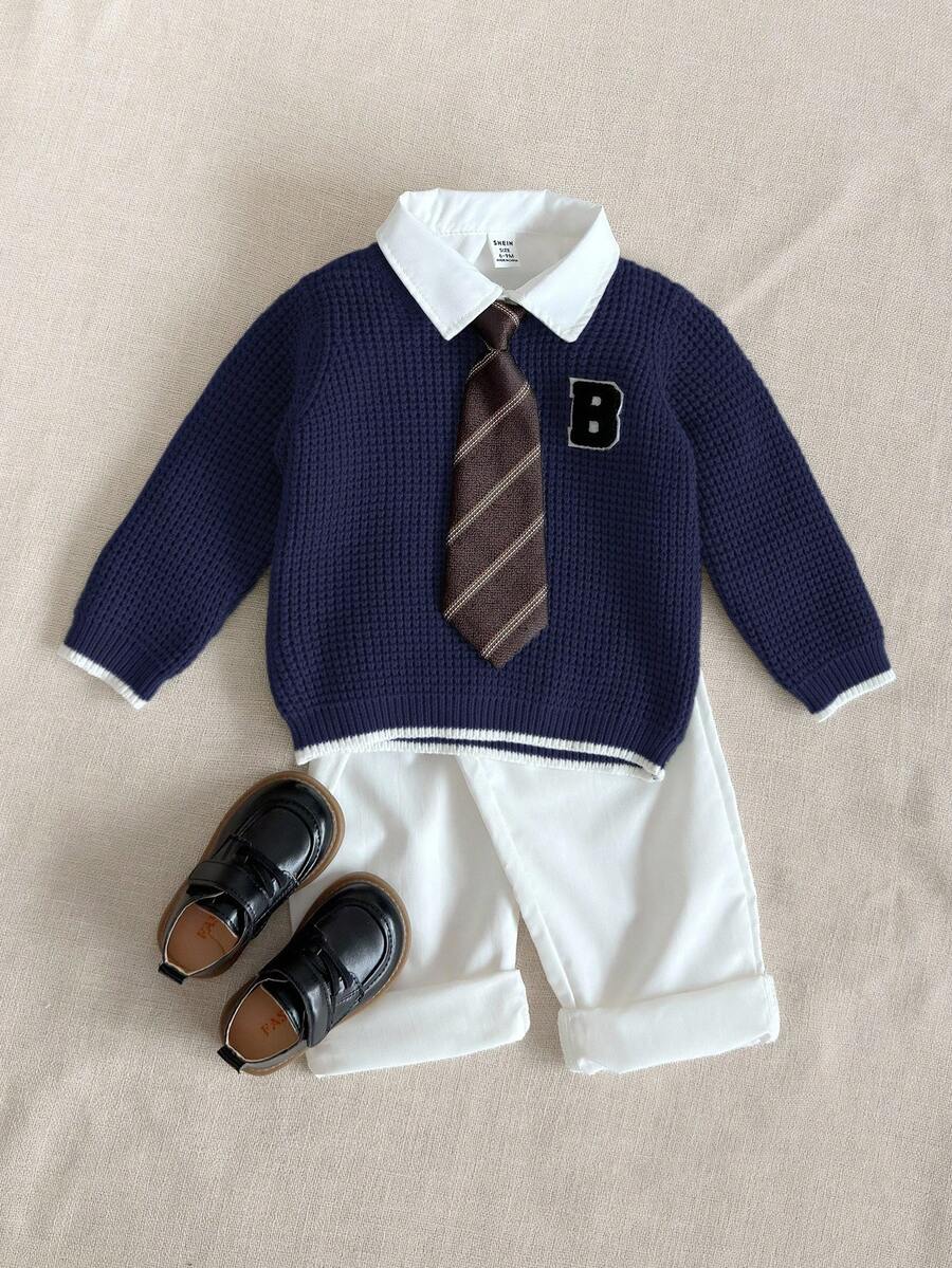 PrepCrw Baby Boy Collegiate Style Letter Embroidered Pullover Sweater