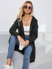 INAWLY Women's Solid Color Drop Shoulder Long Sleeve Zip Front Pocket Drawstring Hooded Long Sweatshirt - Black - View 6