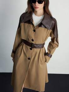 Aveloria Modichic Retro French Style Contrast Color Patchwork Collar Casual Belted Mid-Length Trench Coat - Khaki - View 5