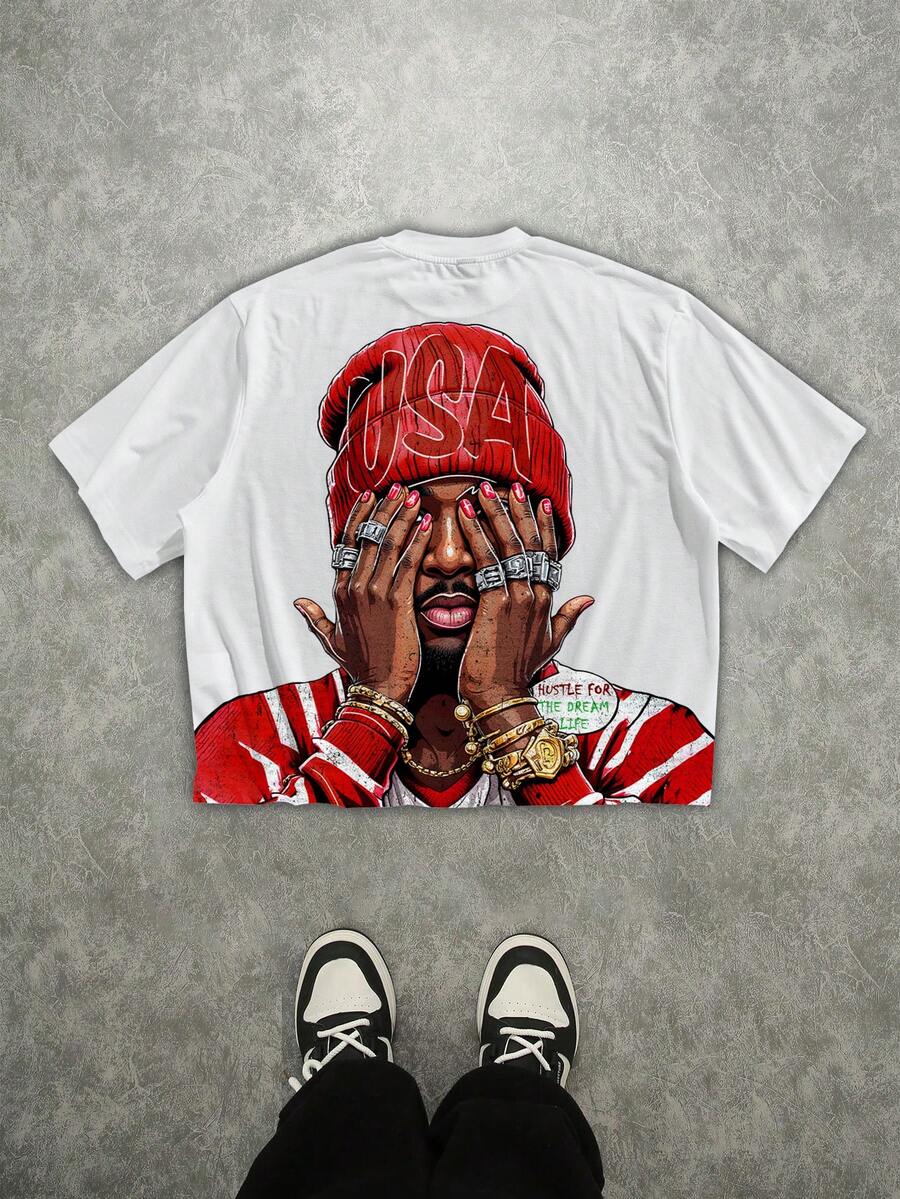 Manfinity EMRG Camiseta casual holgada de cuello redondo con estampado de figura callejera para hombres - Rojo - Ver 1