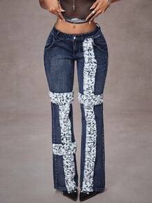 Jeanoix Women's Pockets Patchwork Leopard Faux Fur Flare Jeans - Blue - View 1
