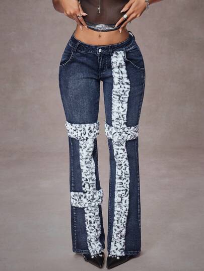 Jeanoix Women's Pockets Patchwork Leopard Faux Fur Flare Jeans