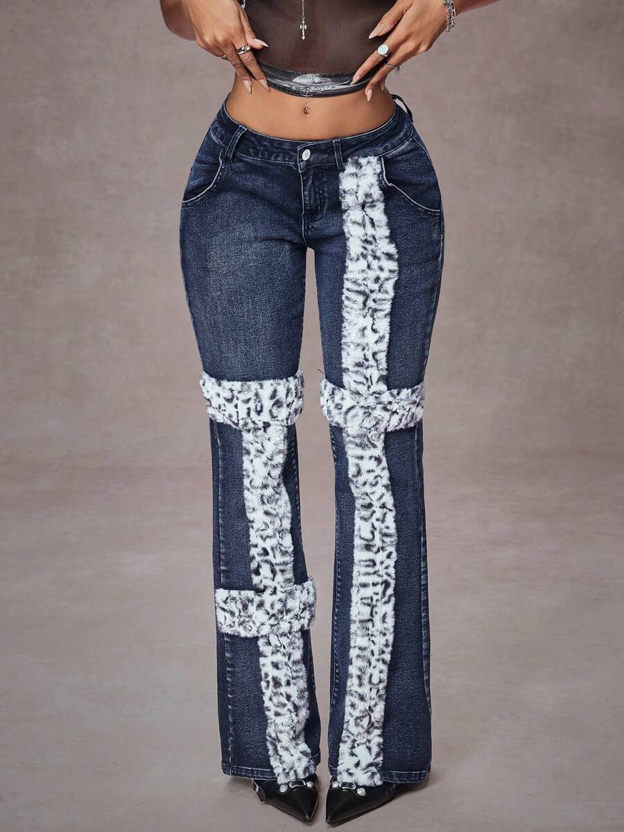 Jeanoix Women's Pockets Patchwork Leopard Faux Fur Flare Jeans - Blue - View 1