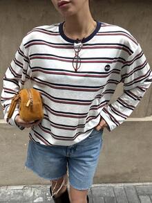 DAZY Women's Striped Round Neck Drop Shoulder Long Sleeve Casual Loose T-Shirt - Multicolor - View 2