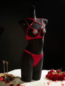 SpicyHot 4pcs/Set Women's Christmas Hollow Out Jingle Bell Pasties + Sexy Lingerie + Panties - Burgundy - View 5