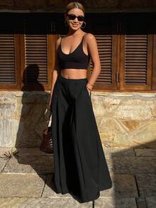 DAZY Pantalon ample décontracté à jambes larges plissées pour femmes, couleur unie, printemps/été