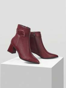 MOTF Botas de tacón alto grueso de media pantorrilla con hebilla de cuero de PU, versátiles y sencillas para el uso diario de las mujeres - Burdeos - Ver 9