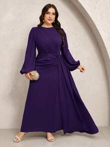 Veilorie Đầm xòe tay phồng cổ tròn màu trơn thanh lịch cỡ lớn cho nữ - Màu tím - Xem 3