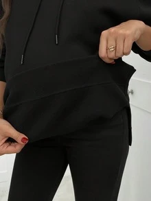 SHEIN Áo nỉ trùm đầu tay dài có dây rút màu trơn dành cho bà bầu - màu đen - Xem 6