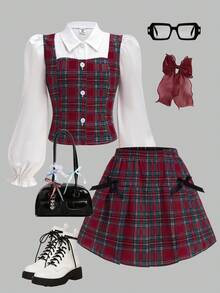 Sparklyn Tween Girls Plaid Collared Patchwork Cardigan With Puff Sleeves And Elastic Waist Pleated Skirt, Academic Style For Spring/Autumn - Red - View 3