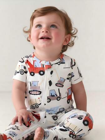 婴儿恐龙印花短袖贴身连体衣，面料柔软舒适，夏季款式