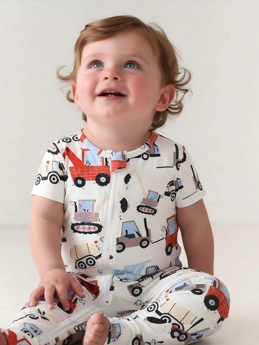 Infant Baby Dinosaur Print Short Sleeve Snug Fit Jumpsuit, Soft Comfortable Fabric, Summer Style - Multicolor - View 1