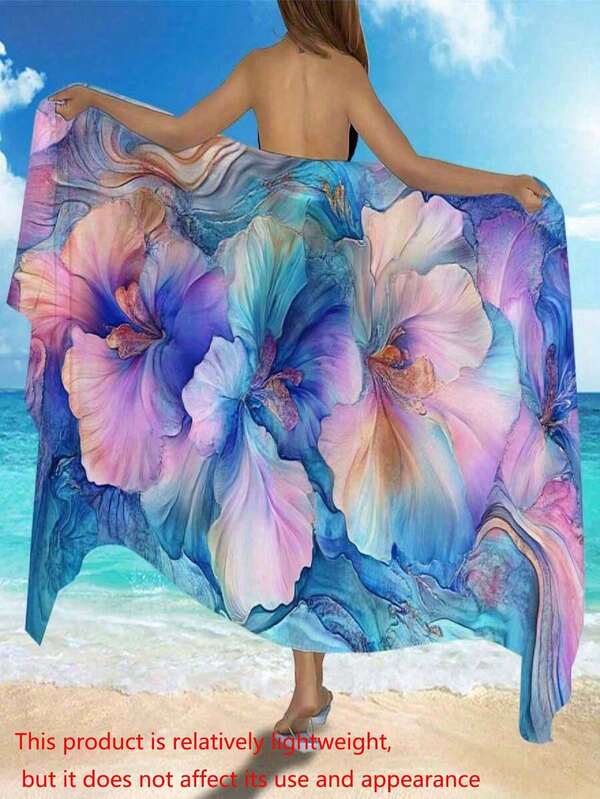 SHEIN 1 Stück boho-chic Floraler Strandpareo - durchscheinender Polyester, vielseitig tragbarer Strandtuch für Frauen, eleganter Multi-Way Schwimm-Cover-Up mit leuchtend rosa, lila und blauer Blumengestaltung, perfekt für Strand oder Poolseite, Strandkleid Sommerurlaub Badezimmer Deko Reiseaccessoires