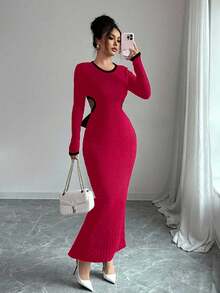 Elenzga Long Sleeve Fitted Round Neck Twist Back Dress For Women - Red - View 4
