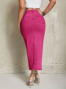 SHEIN SXY 纯色休闲修身开衩女式牛仔裙 - 粉色 - 查看 3