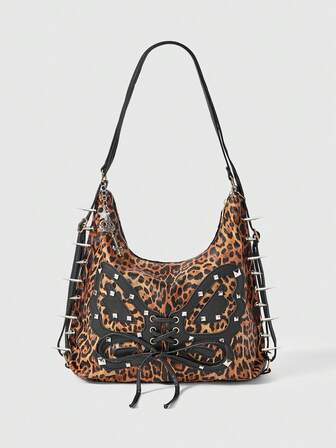 Grunge Punk Borsa da ragazza personalizzata in stile punk, con stampa leopardata e applicazioni a farfalla, decorata con borchie e punte, con pendente a catena, un mix di stile audace e dolce