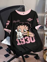 Betty Boop x SHEIN Plus Size Colorblock Cartoon Figure Graphic Round Neck Short Sleeve T-Shirt