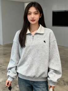 Teen Girl Embroidered Pattern Metallic Zipper Collar Loose Casual Sweatshirt, Grey - Grey - View 1